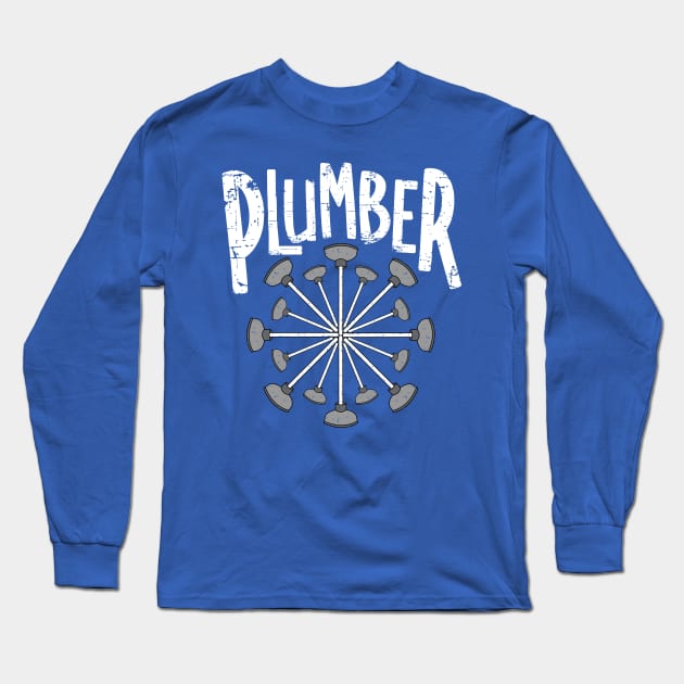 Plumber Toilet Plunger Circle White Text Long Sleeve T-Shirt by Barthol Graphics